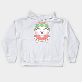 Cute cat eating watermelon cartoon Kids Hoodie